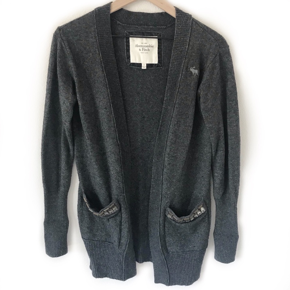 A&F Cozy Gray Long Cardigan w/Jeweled Pockets